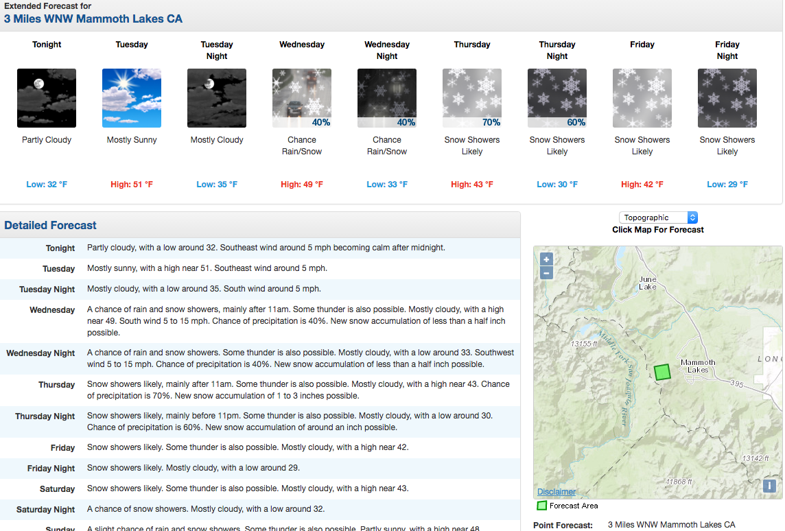 Mammoth Mountain ski resort forecast looking snowy this week. 1-3" forecast on Thursday. image: noaa, today