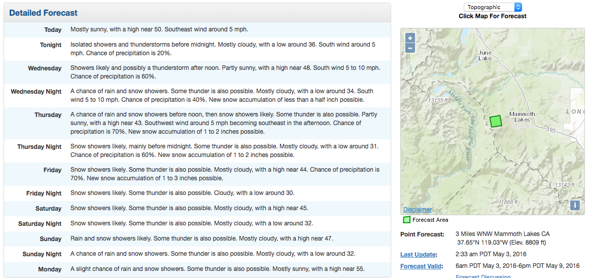 Forecast for Mammoth, CA showing 3-7" of snowfall for Thursday - Friday.  image:  noaa, today