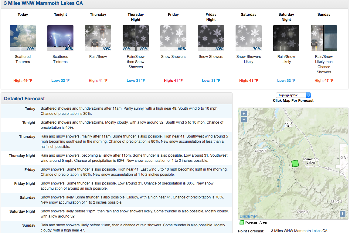 Mammoth Mountain ski resort forecast showing 3-6" of snow by Saturday. image: noaa, today