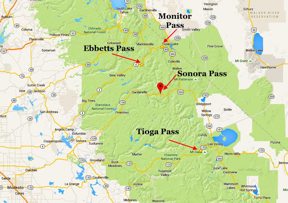 Map showing the big passes of central California. 