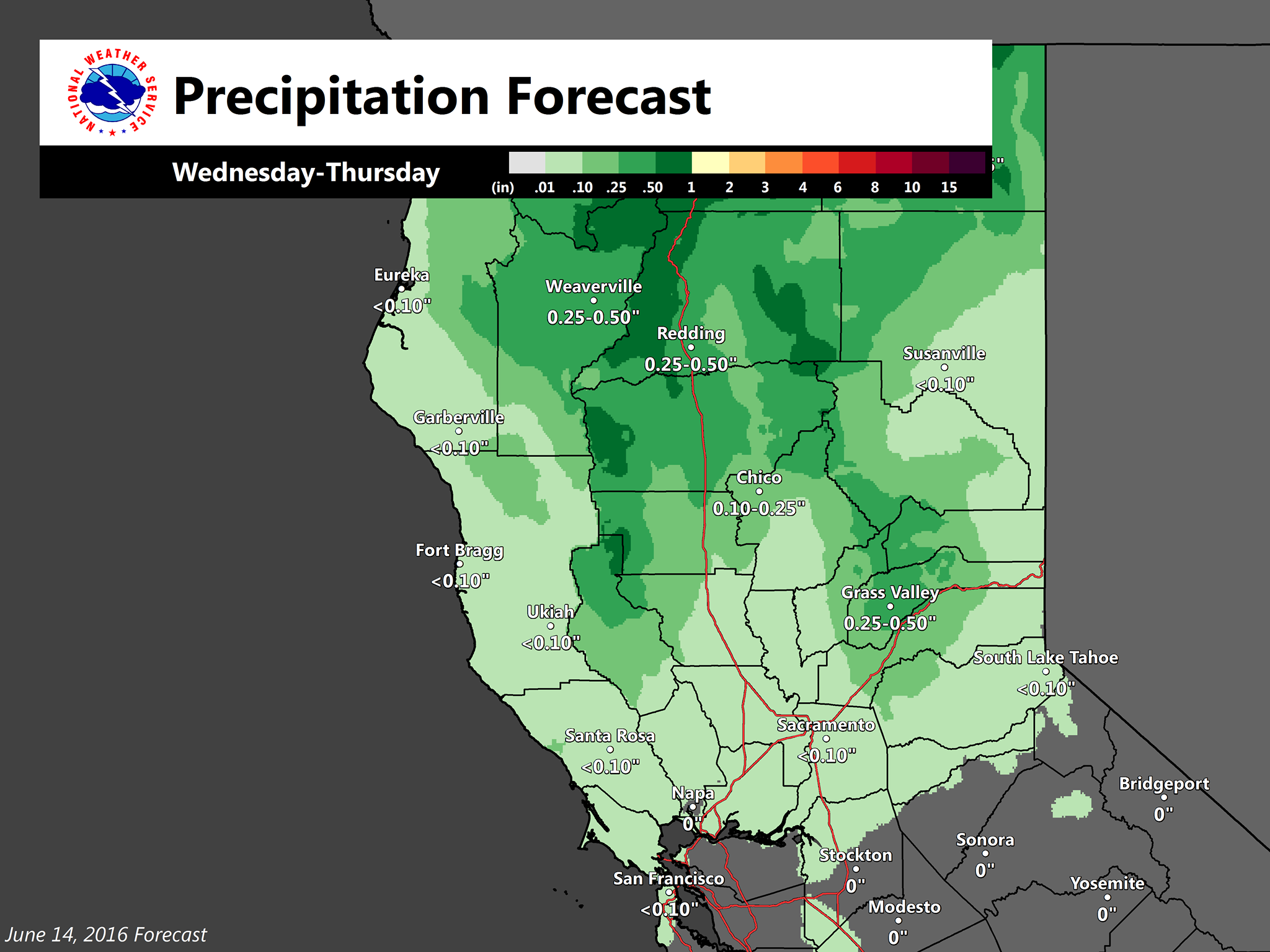 Precipiation forecast for California for Thursday. image: noaa, yesterday