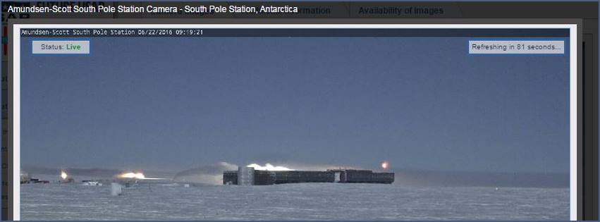 Amundsen-Scott South Pole Station yesterday. "The bright light in the Webcam image, behind the building, is from the aircraft operations. Although the South Pole is currently in the midst of the months-long Antarctic night, the camera used there is very light-sensitive and provides a clear image even in the darkness. The moon also provides additional light." - National Science Foundation