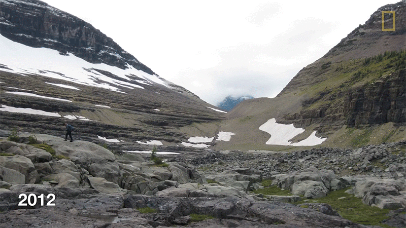 Before and after images of Glacier National Park, MT's glaciers disappearing. 
