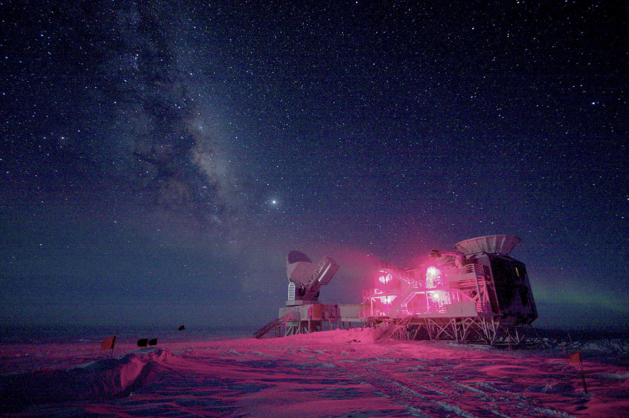 The South Pole Telescope and the BICEP Telescope at Amundsen-Scott South Pole Station in August 2008. Photo by Keith Vanderlinde/National Science Foundation/Handout/Reuters