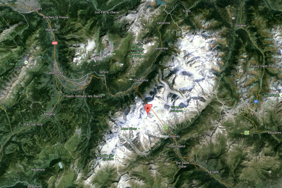 Map showing pin on Mont Blanc du Tacul, France. 