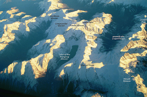 Jumbo glacier area from the air. Resort base in parenthesis on right. 