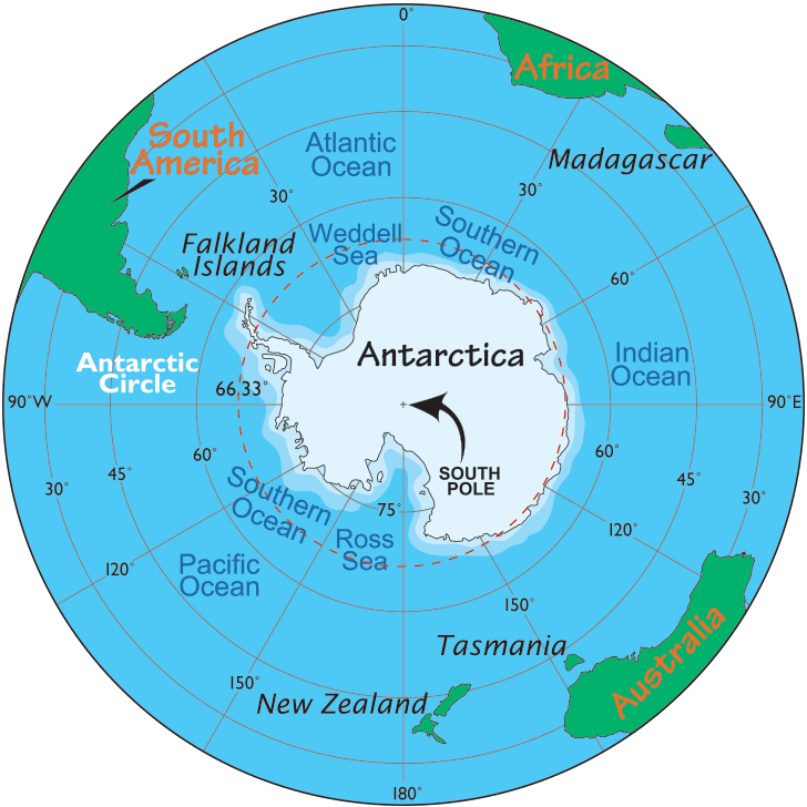 Map showing the South Pole.