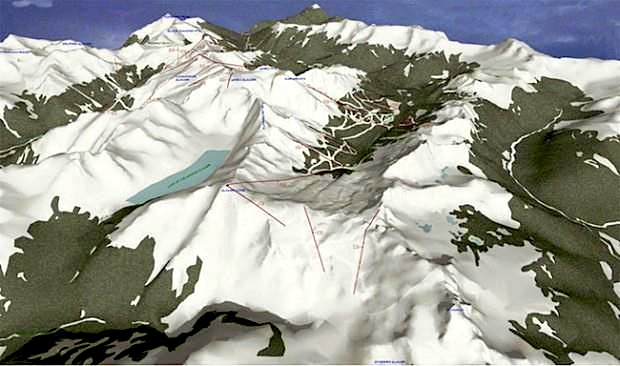 Jumbo glacier 3D rendering with 20 chairlifts