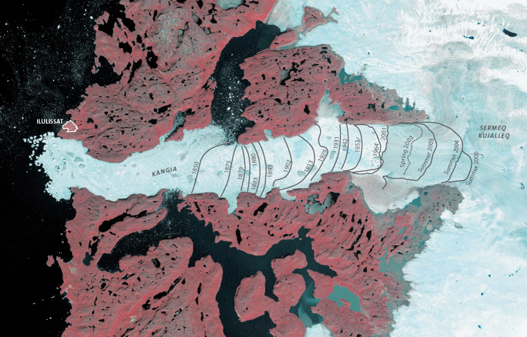 Map showing the retreat of Sermeq Kujalleq glacier from 1850 to 2006 