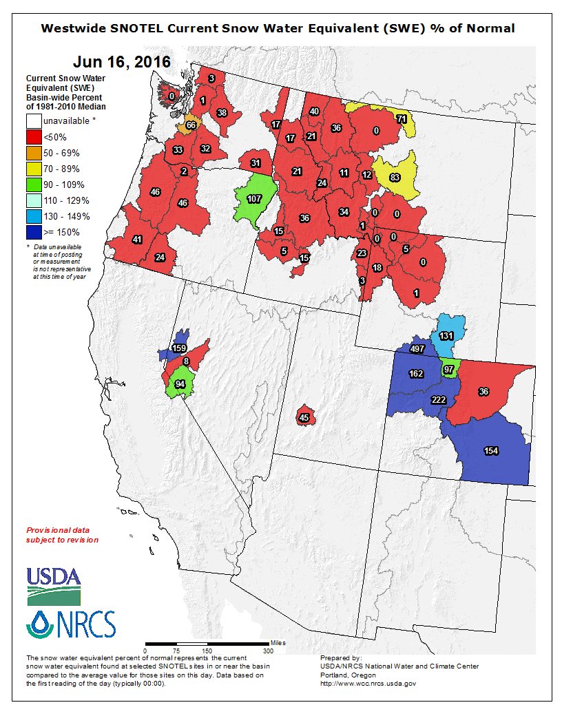 Map showing more snowpack in Colorado than anywhere else in the Western US. image: noaa, today