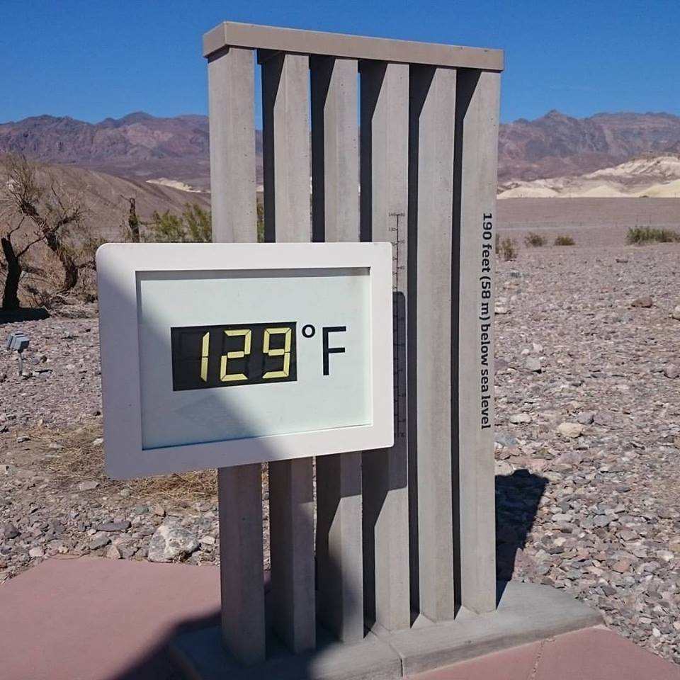 We hit a record high for June 20 (yesterday), 126°F (52°C) in the shade. The thermometer outside the Furnace Creek Visitor Center registered a few degrees hotter because the temperature is measured in the sun.
