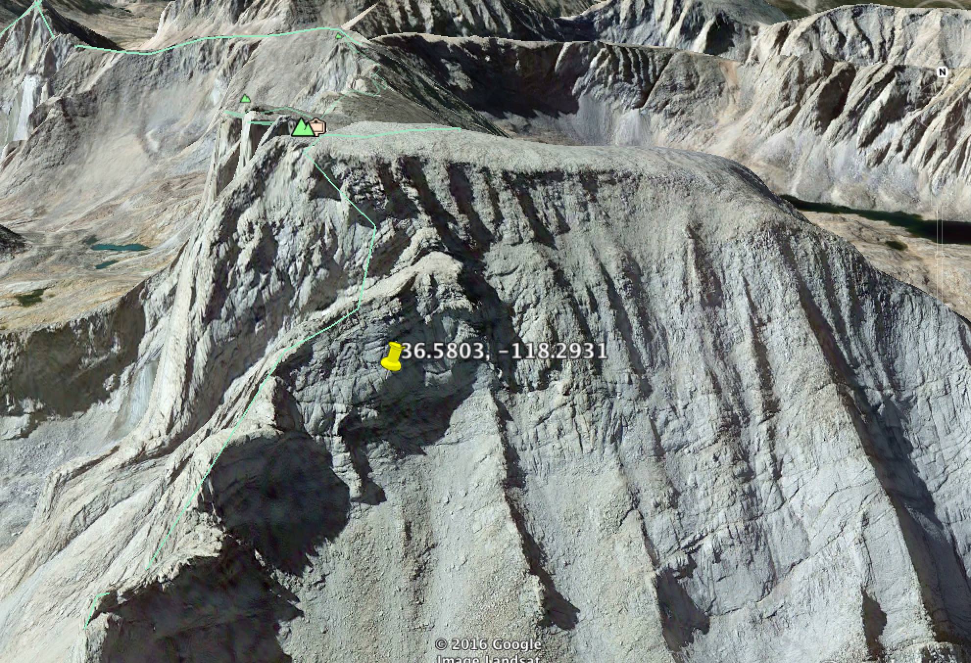 backpack location - green line is Mountaineer's Route. photo: inyo country sheriff's office