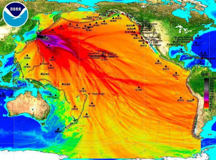 Remember how the internet was telling you this was the map of the radiation spreading from Fukushima?  Yeah....  it's actually a map of the waves heights from the Tsunami...  image:  noaa