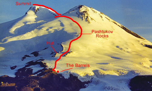 Common climbing route on 18,510' Mt. Elbrus, Russia.