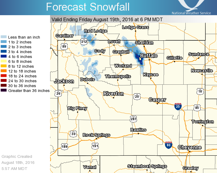 Wyoming snow forecast map.  image:  noaa, today