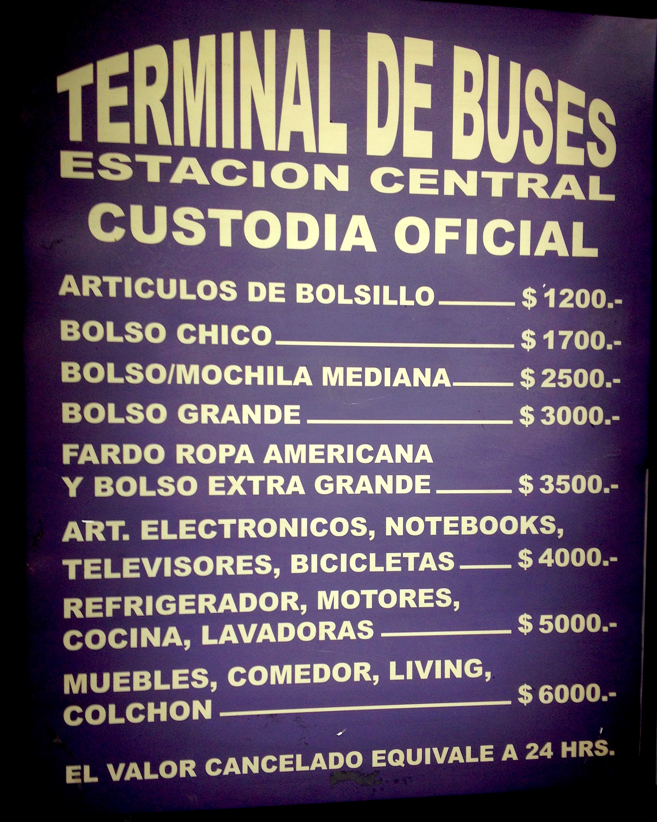 Prices in peso for different bag sizes at the "Custodia Official" where you can leave your bags. photo: snowbrains