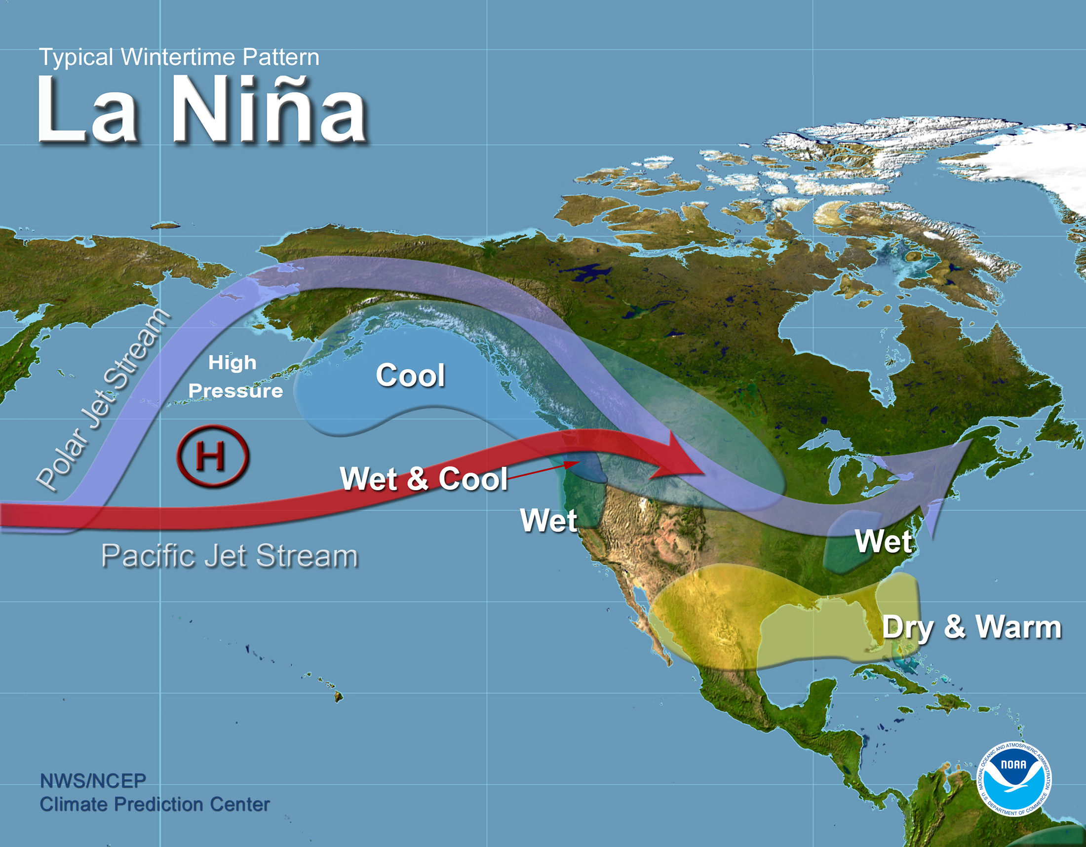 Typical La Nina winter weather pattern for North America. image: noaa