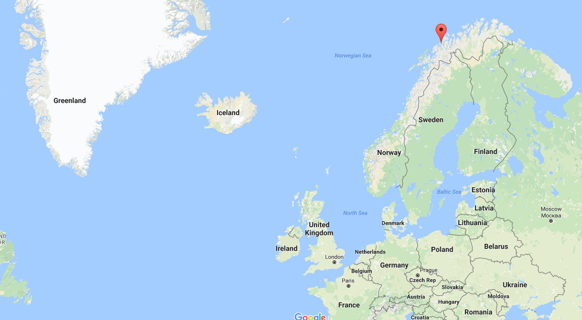 Map showing the location of the island of Tro near Tromsø, Norway.