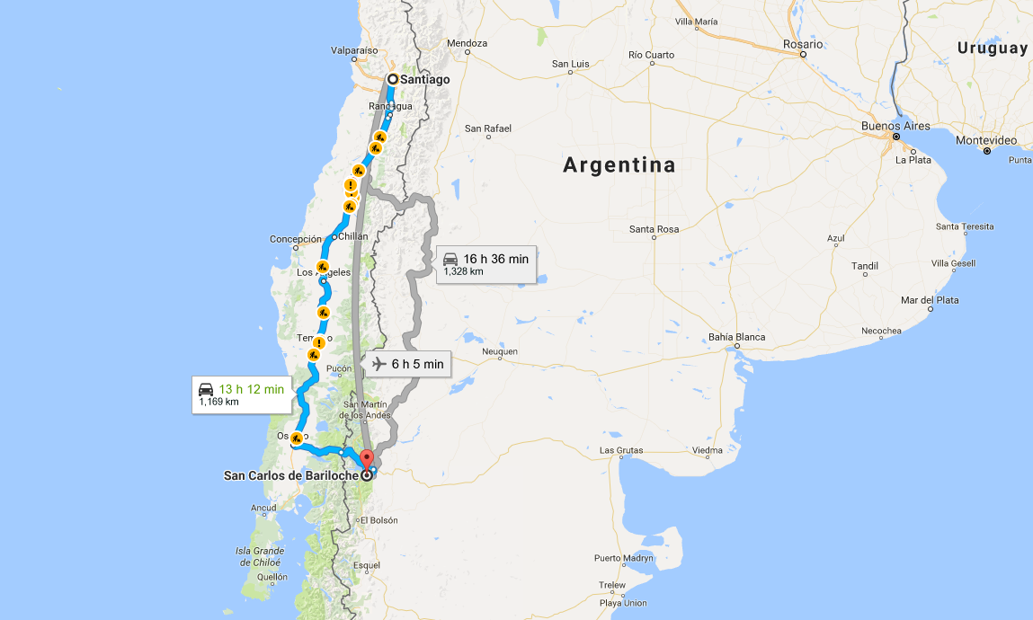 Santiago to Bariloche. Blue route shows route described in this article.