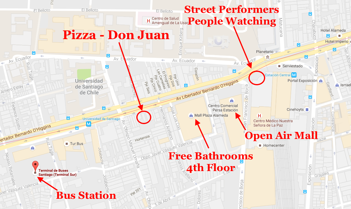 Map showing Bus Station, Don Juan's Pizza, Street Performers/People Watching and Free Bathrooms in the Alameda mall. 