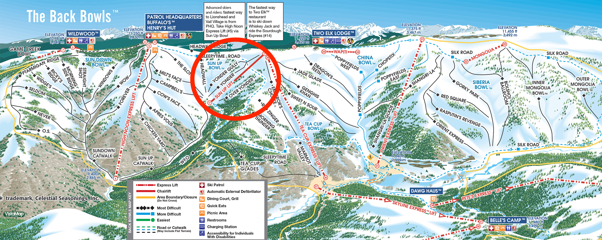 Vail trail map highlighting the Sun Up Lift.