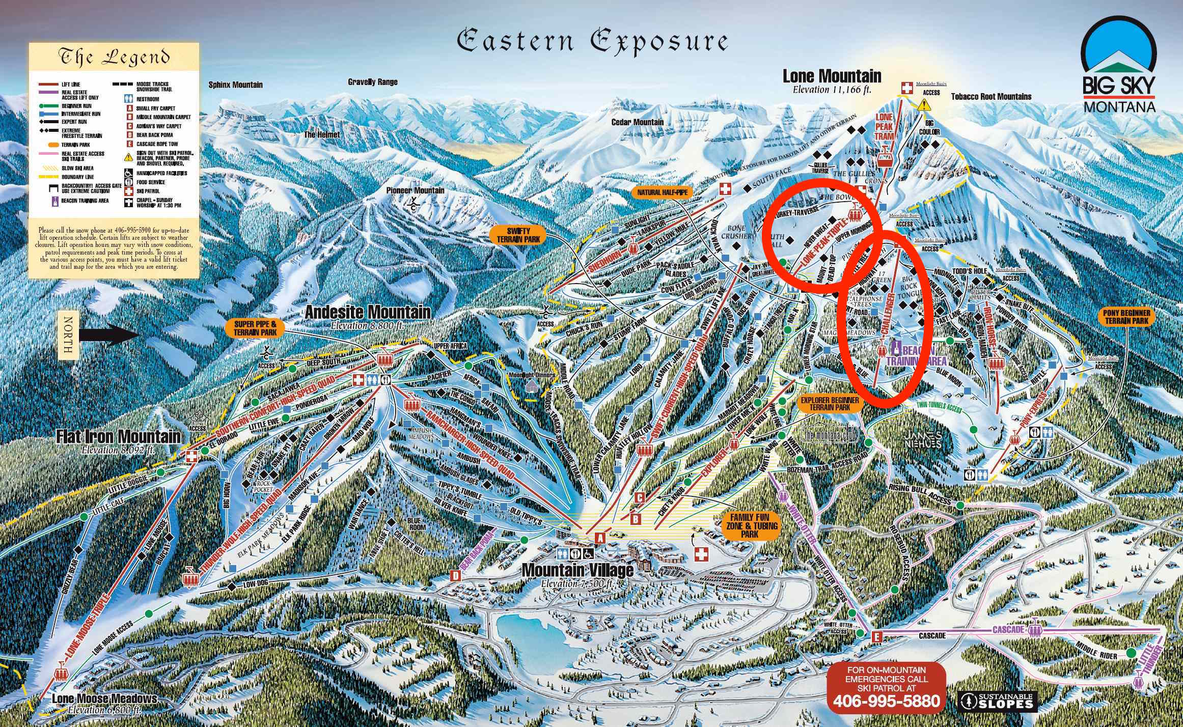 Big Sky Trail map with Lone Peak Triple and Challenger higlighted.