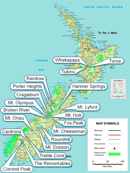Map of ski areas in New Zealand. Source: New Zealand Travel