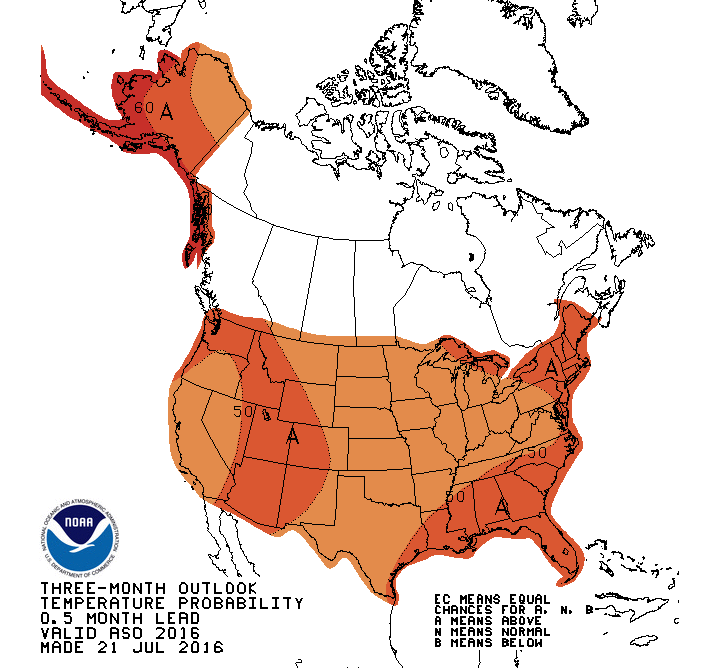 NOAA's 3 month outlook showing above average temps for all of the USA. image: noaa