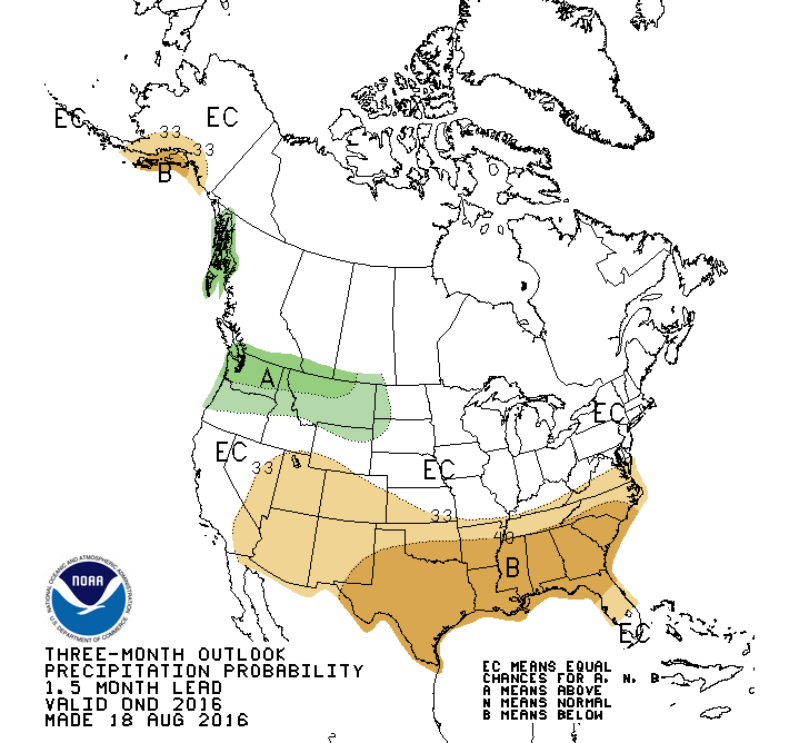 NOAA is forecasting above average precipitation in WA, OR, ID, MT, WY in Oct, Nov, Dec. NOAA is forecasting below average precipitation for the lower half of the country during the same time period. image: noaa