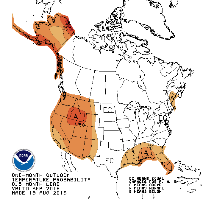 NOAA's September outlook is forecasting above average temperatures in the entire Western USA, the deep south, all of Alaska