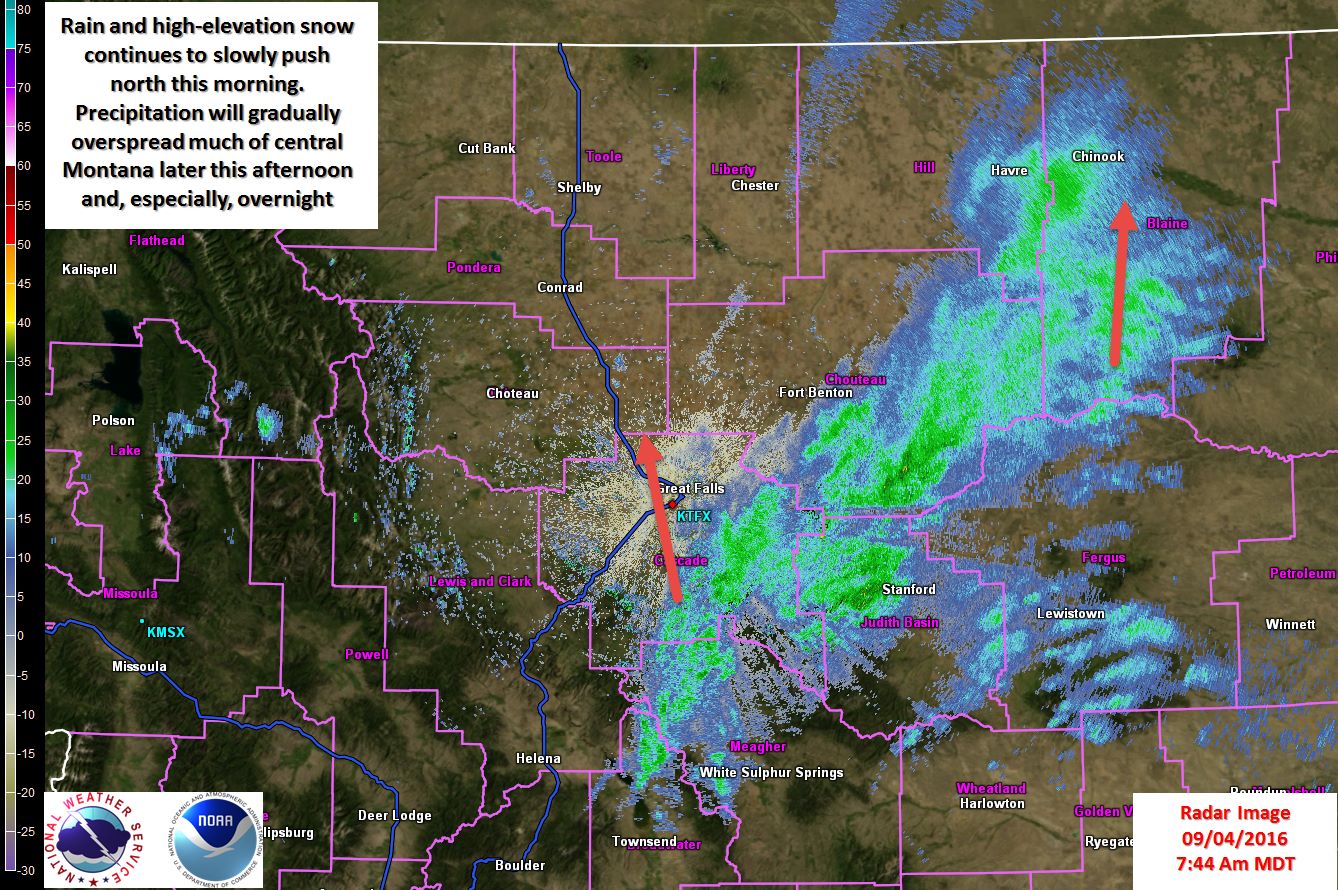 Radar update showing the location of the rain and snow in Montana at 8am MST today. image: noaa, today