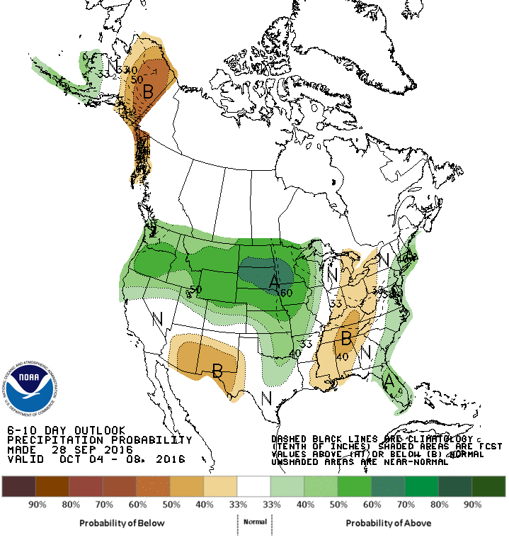 Above average precipitation forecast for Rocky Mountains in 6-10 days. image: noaa, today