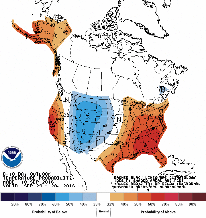 6-10 day temperature outlook showing below average temps for the Rocky Mountains. image: noaa, today