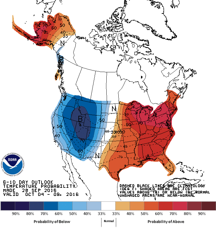 Below average temperatures forecast for Rocky Mountains in the 6-10 day outlook. image: noaa, today