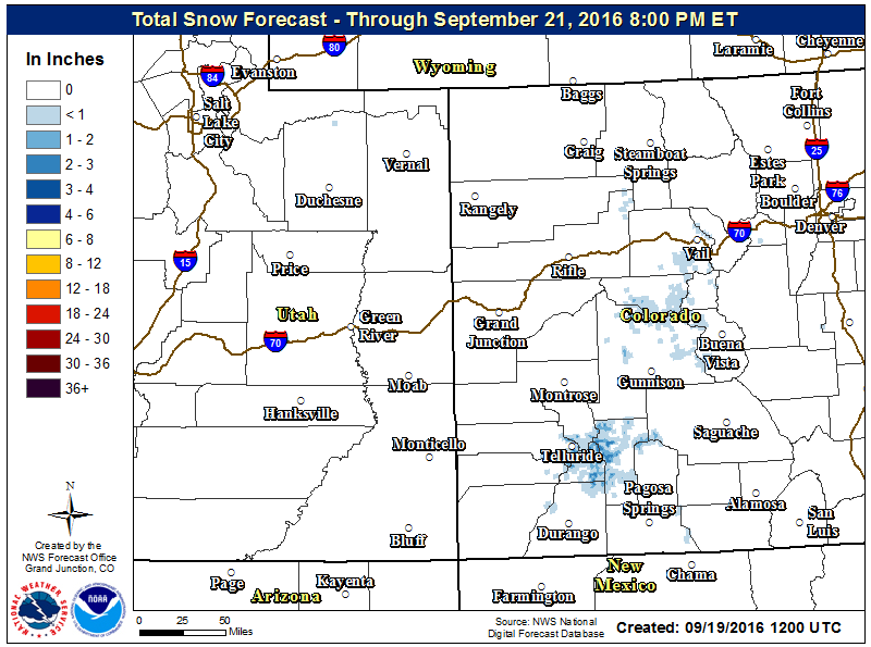 "The snowfall graphic below shows the snowfall possible Tuesday through Wednesday. The snow level may drop to around 12,000 ft MSL Tuesday night with 1-3 inches accumulation above that elevation. Again, there is the possibility of more snow Friday along with lower snow levels." - NOAA Grand Junction, CO today