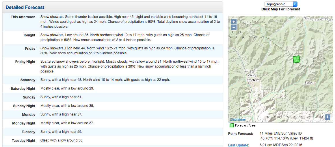 " of snow forecast near Sun Valley, ID. image: noaa boise, id today