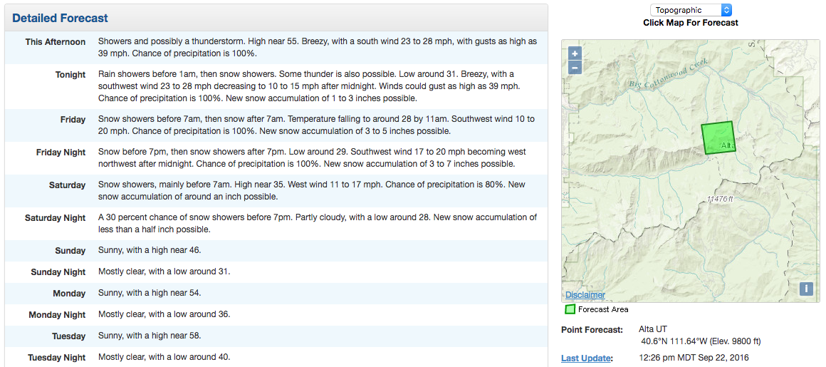 7-15" of snow forecast at Alta, UT next 3 days. image: noaa, today