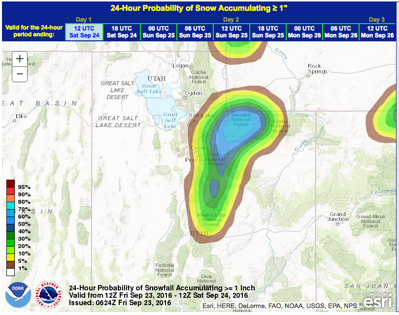 Snow forecast map for Utah on Saturday. image: noaa, today