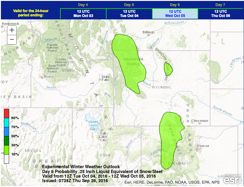 Snowfall probability map showing snow for Wyoming, Montana, and Colorado on Wednesday. image: noaa, today
