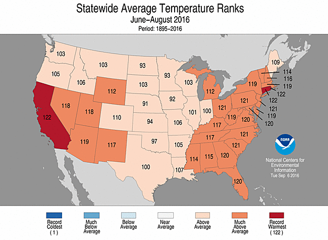 California, Connecticut and Rhode Island set heat records for the summer season. The “122” indicates the warmest period in 122 years of record-keeping. (NOAA)
