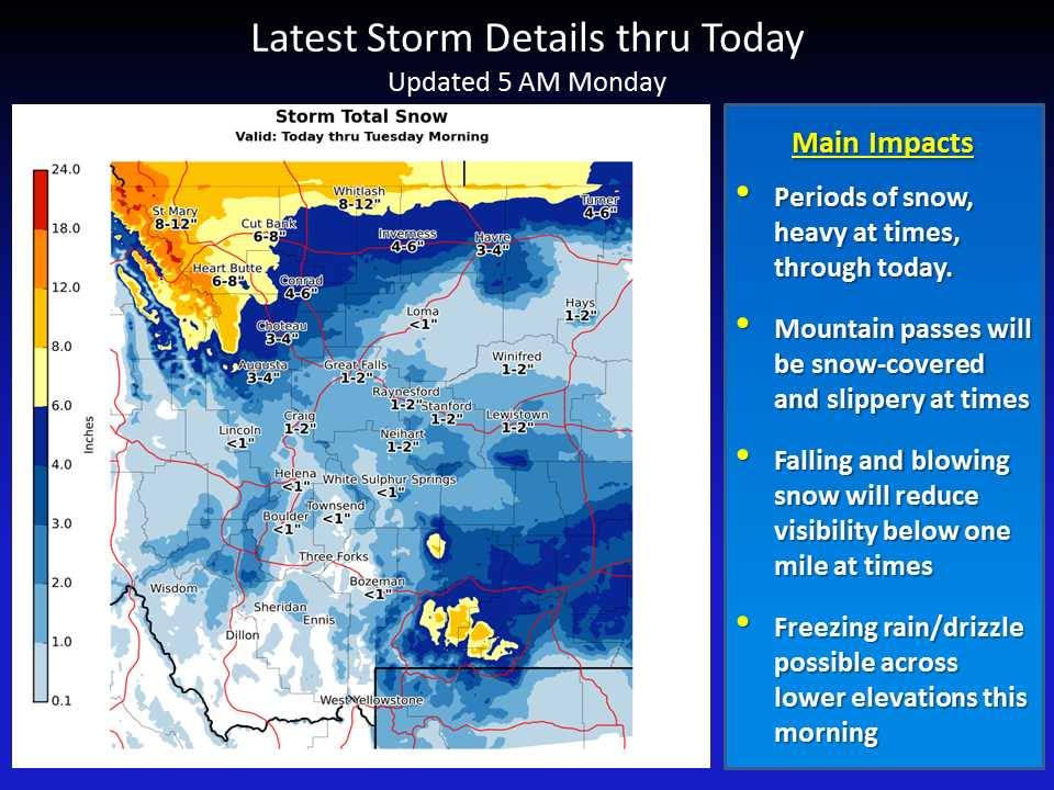 " Here is a map showing the expected snowfall from today through Tuesday morning. The heaviest snowfall should occur over the Rocky Mountain Front and in the Cut Bank area, along with areas along and north of Highway 2. Lighter snow accumulations are expected across Central and Southwest MT." - NOAA today
