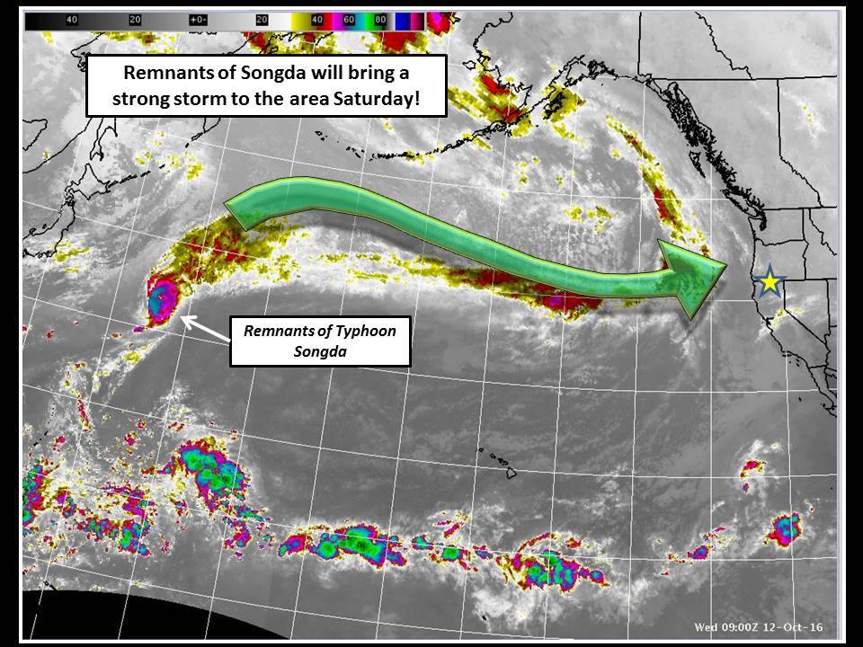 "Here's a look at the Infrared Satellite image from 2 am this morning (10/12). You can see the tropical moisture from the remnants of Typhoon Songda being ingested in a strong cross-Pacific zonal jet. This moisture and energy will be what brings us the strong storm on Saturday." - NOAA Medford, OR today