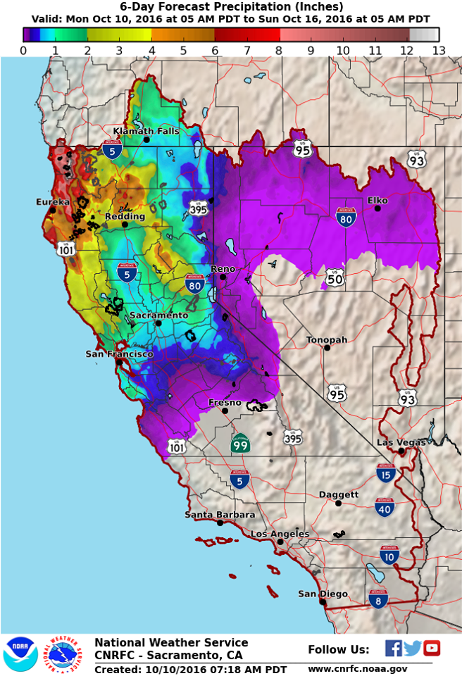 Precipitation forecast map showing insane numbers as high 12" of rainfall for NorCal. image: noaa, today