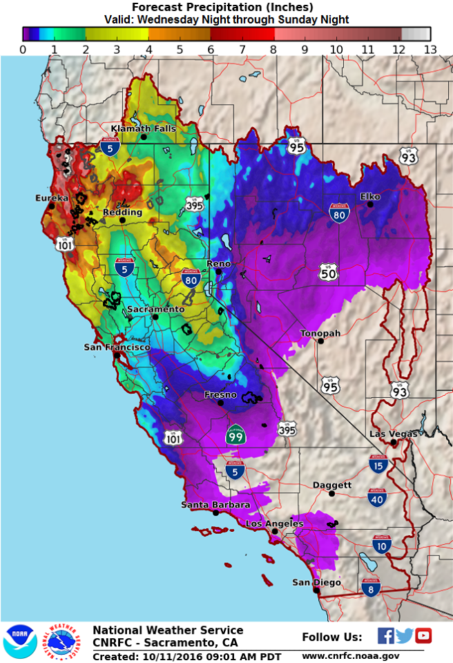 Forecast precipitation amounts for Wednesday night through Sunday night. Expect heaviest amounts on the northern coast of CA. 