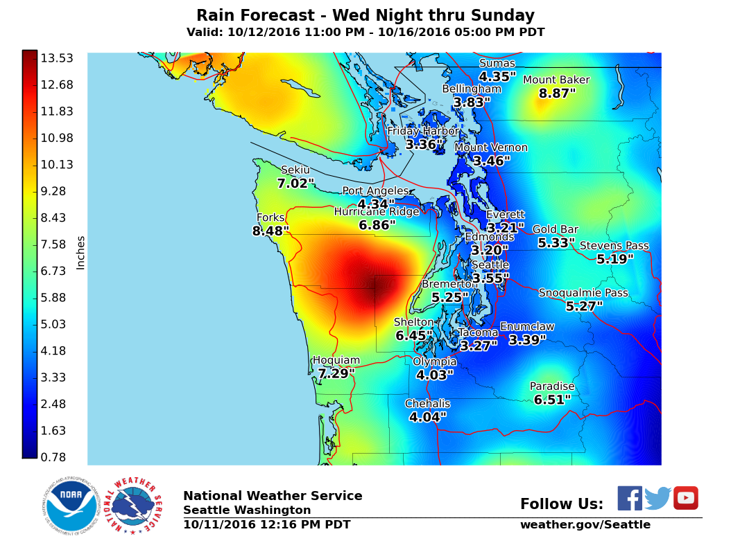 "Be prepared for an impressively stormy period from Thursday through Sunday. The biggest threats will be from flooding rain and about 3 separate rounds of possibly damaging wind. Heaviest rain should occur on Thursday and Saturday. The first round of strong wind is expected Thursday, but the strongest may come Saturday when the revived leftovers of Typhoon Songda make the closest pass to the Pacific Northwest. Along the coast, giant waves and coastal saltwater flooding appear likely, especially this weekend." - NOAA Seattle, WA yeseterday