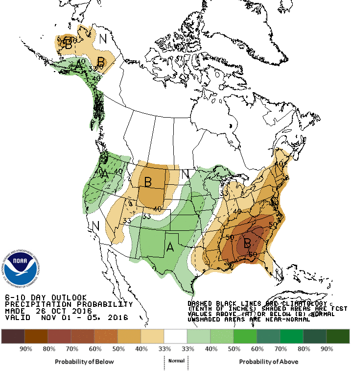6-10 day precipitation outlook showing above average precipitation forecast for CA. image: noaa, today