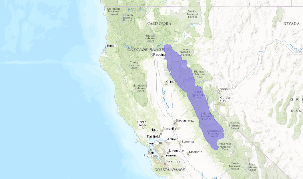 PURPLE = Winter Weather Advisory for CA today. image: noaa, today