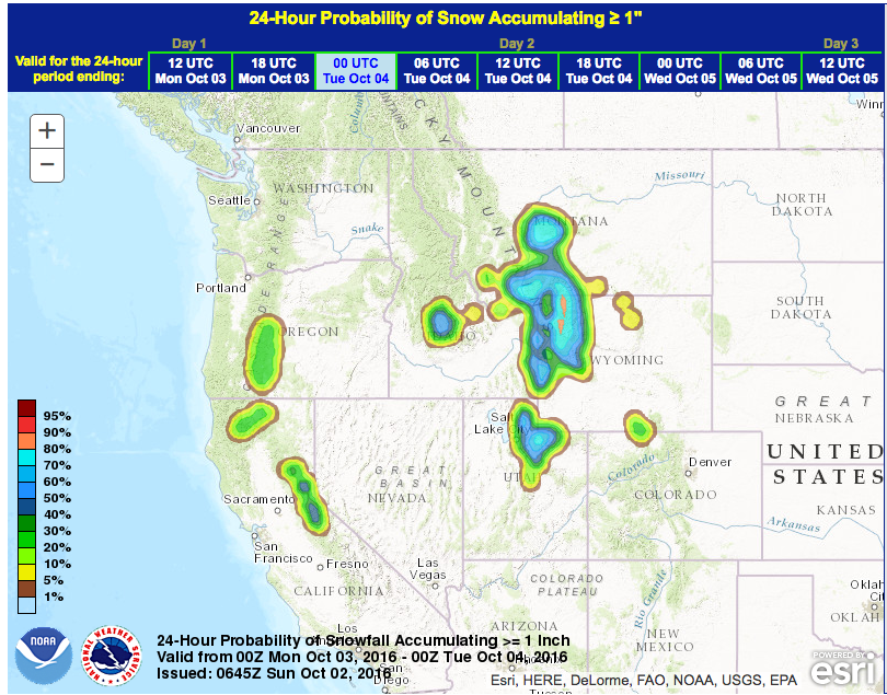 Snow forecast in CA, NV, OR, UT, CO, WY, ID, MT this week. image: noaa, today