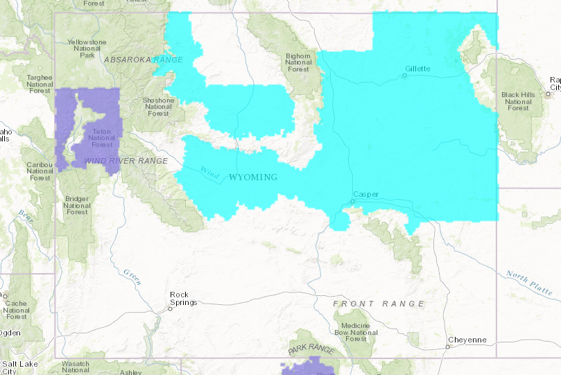 PURPLE = Winter Weather Advisory for Teton Pass, WY today.  image:  noaa, today
