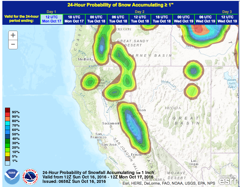 Probability of snowfall in California on Monday. image: noaa, today
